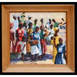 R E Gregory - Colourful African Village Scene - signed & dated '55 lower right, oil on board,