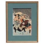 A Japanese woodblock print depicting a Samurai warrior and another figure, framed & glazed, 24 by