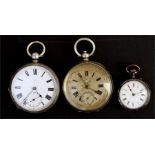 Two silver key wound open faced pocket watches, one with jewelled dial; and a small steel cased