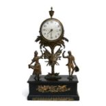 A Regency figural clock, a young couple mounted on an ebonised plinth, the case stamped 'WB' (fitted