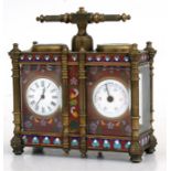 A brass cased cloisonne clock barometer, the enamel dials with Roman and Arabic numerals, 13cms (