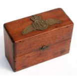 A Royal Flying Corps wooden stationery box with RFC badge to the top. 18cms wide x 13cms high x 8cms
