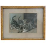 Victorian School - Three Kittens Playing with a Mouse - print, framed and glazed, 33 by 25cm (13