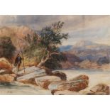 David Cox Junior, ARWS (1809-1885) - A Fisherman Crossing Rocks - watercolour, Abbott & Holder label