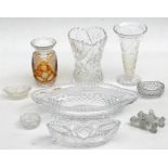 A flashed cut glass vase; two cut glass vases; and other cut glass (quantity).