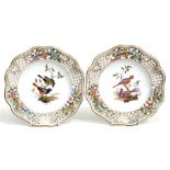 A pair of Augustus Rex porcelain plates decorated with birds within a pierced and foliate border,