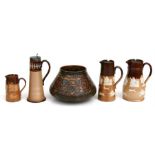 A group of Royal Doulton stoneware water jugs; together with a Royal Doulton stoneware vase (5).