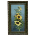 An Edwardian painting on glass - Still Life of Sunflowers - framed & glazed, 26 by 55cms (10.25 by