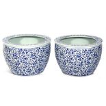 A pair of Chinese blue & white fishbowl planters, 42cms (16.5ins) diameter (2). Condition Report