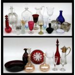 A pair of glass lustre decanters, 25cms (10ins) high; a Victorian etched glass water jug; various