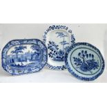 Three 19th century blue & white meat plates, the largest 47cms (18.5ins) wide (3).