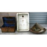 A cast iron corner feeder or planter, 86cms (34ins) wide; a large Belfast sink, 92cms (36ins)