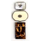 A Victorian tortoiseshell visiting card case; a mother of pearl purse; and an ivory mounted purse (