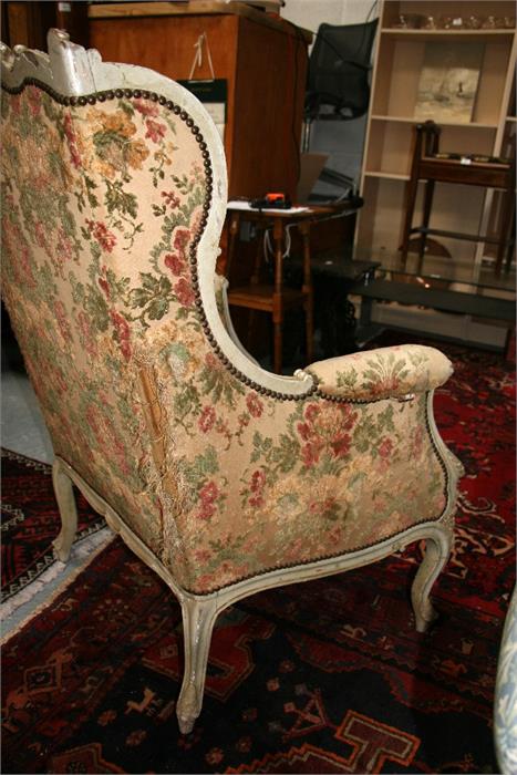 A French carved and distressed painted upholstered armchair. Condition Report It has been re- - Image 6 of 8