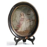 An early 19th century needlework panel depicting a young lady with a bird in a cage, framed &