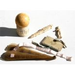 A 19th century ivory snooker ball; an ivory napkin ring; and other items.