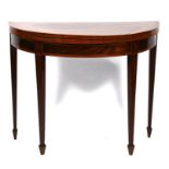 A 19th century mahogany demi-lune card table on square tapering legs and spade feet, 90cms (35.5ins)