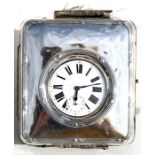 An open faced pocket watch in a silver mounted travelling case, the white enamel dial with Roman