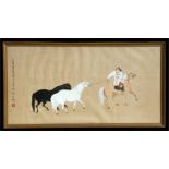 A Chinese watercolour depicting a figure on horseback leading a further two horses, with