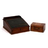 A Victorian pine lap desk, 47cms (18.5ins) wide; together with a Tunbridgeware style jewellery