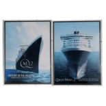 Two Queen Mary II Maiden Voyage posters, 42 by 59cms (16.5 by 23.25ins) (2).