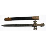 A Victorian drummers sword with brass hilt and leather scabbard, 54cms (25.2ins) long.