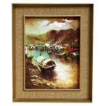 Chinese School - Boats on a River - oil on canvas, framed, 29 by 40cms (11.5 by 15.75ins).