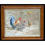 J Brett (Modern British) - A Cockerel & his Hens - signed lower right, watercolour, framed & glazed,