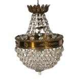 A gilt metal ceiling light with crystal drops, 40cms (15.75ins) high excluding drops.