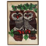 Kenn Burrows (mid 20th century School) - a print depicting two owls, dated '69, framed & glazed,