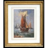 Victorian style - Boats at Sea with Figures in the Foreground - oil on board, framed & glazed, 28 by