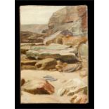 F Morgan - Rocky Beach Scene - signed lower left, oil on canvas, unframed, 21 by 30cms (8.25 by 11.