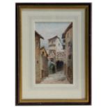 Continental School - Street Scene - watercolour, framed & glazed, 17 by 28cms (6.75 by 11ins).