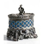 A Victorian silver plated trinket box with blue glass liner, 11cms (4.25ins) high.