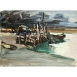 Bosher (?) (Modern British) - Landrover with Figures at a Quayside - signed lower left, oil on