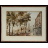 In the manner of John Varley, early 19th century riverside street scene, watercolour, framed &