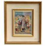In the manner of Neil Forster - Figure at a Flower Stall - oil on board, framed & glazed, 16 by