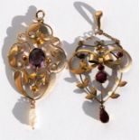 An Edwardian 9ct gold pendant set with central amethyst and a pearl drop; together with another