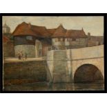 Continental School - Figures by a Bridge - oil on canvas mounted on board, unframed, 41 by 31cms (
