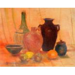 M Parsons - Still Life of Vases & Fruit - initialled lower left, oil on canvas, framed, 49 by