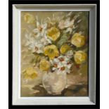Agatha Myall - Still Life of Yellow Tulips and Daffodils in a Vase - oil on board, label to verso,