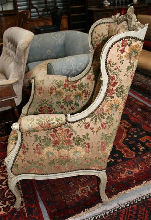 A French carved and distressed painted upholstered armchair. Condition Report It has been re- - Image 4 of 8