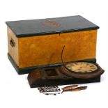 A painted pine box, 85cms (33ins) wide; together with an inlaid drop-dial wall clock (2).