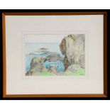 Arthur Mitson (Modern British) - Rocky Cornish Coastal Scene - signed lower right, pen & crayon,