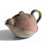 A Japanese Banko stoneware quail teapot with enamelled decoration and bead finial, 7cms (2.25ins)