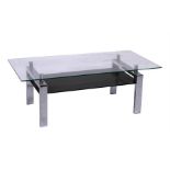 A modern design glass & polished chrome two-tier coffee table, 120cms (47.25inns) wide.