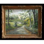 Denys Garle - Tree Lined Road with a Cottage - signed lower right, oil on canvas, framed, 45 by