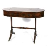 A reproduction mahogany side table with single frieze drawer, on splayed supports joined by a