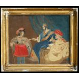 An early 19th century silkwork picture depicting a Royal figure and attendants, signed M Cutbush and