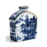 A 19th century Chinese blue & white tea caddy decorated with a river landscape, 11cms (4.25ins)